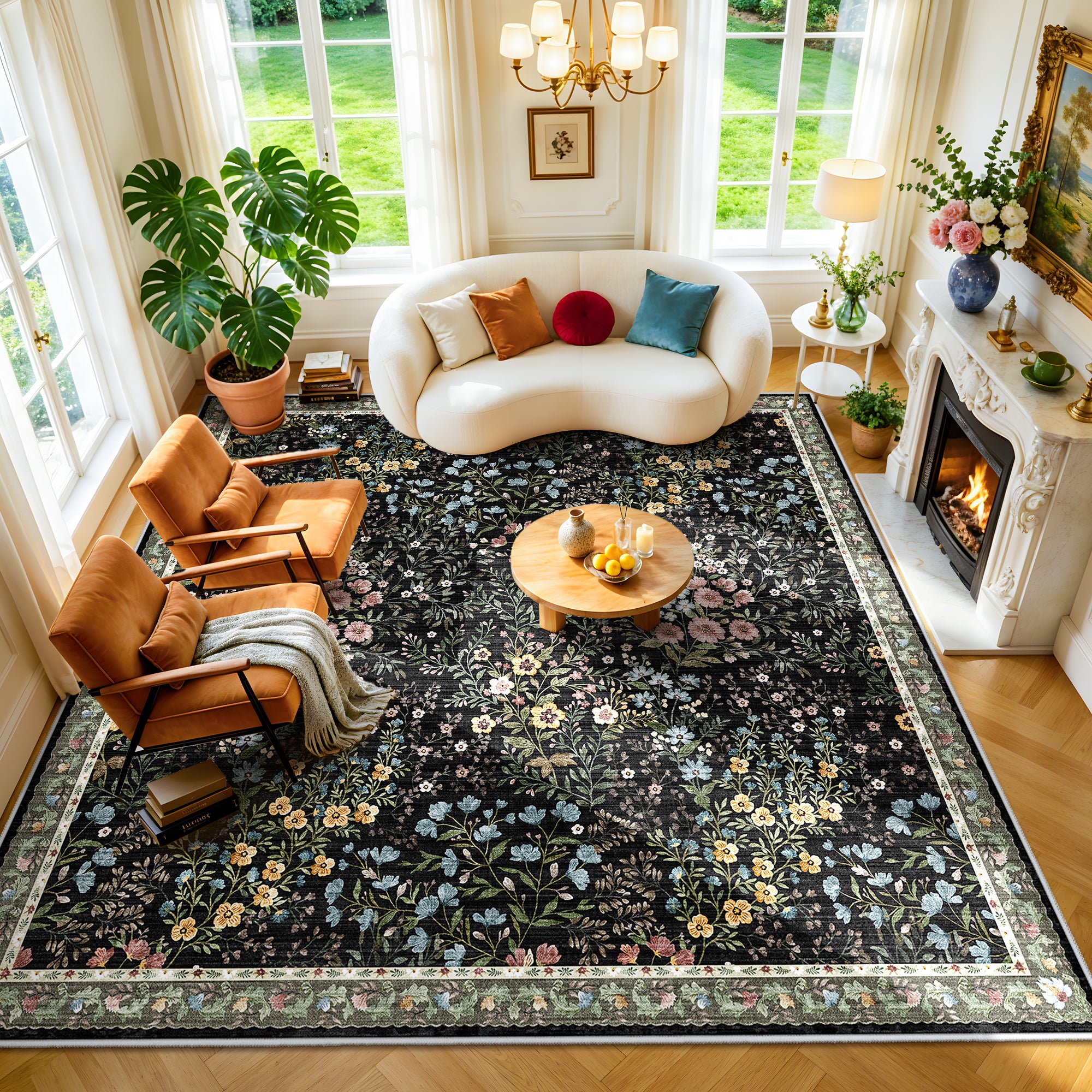 YOUFORTONG 3x5 Washable Entryway Rug Non-Slip Floral Boho Vintage Area Rug for Living Room Kitchen Bedroom Soft Thin Indoor Door Mat Carpet,Black