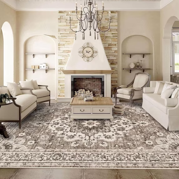 YOUFORTONG 5x7 Washable Vintage Boho Area Rug,Stain Resistant Non-Slip Soft Floral Carpet for Living Room Bedroom Farmhouse Office, Beige