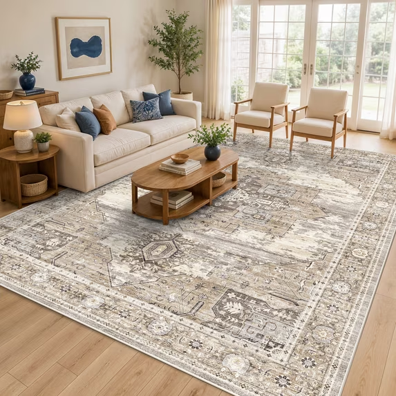YOUFORTONG 12x12 Washable Area Rug,Extra Large Vintage Indoor Carpet with Non Slip Backing,Stain Resistant Soft Rug for Bedroom Dining Room Living Room Home Decor,Beige