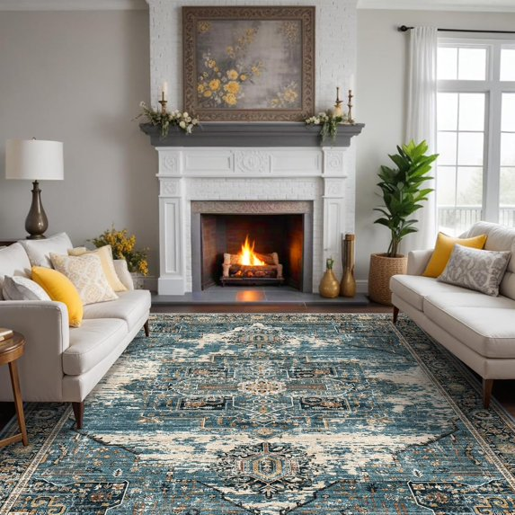 YOUFORTONG 12x12 Washable Area Rug,Extra Large Vintage Indoor Carpet with Non Slip Backing,Stain Resistant Soft Rug for Bedroom Dining Room Living Room Home Decor,Beige