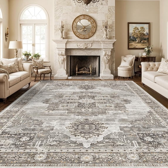 YOUFORTONG 12x12 Washable Area Rug,Extra Large Vintage Indoor Carpet with Non Slip Backing,Stain Resistant Soft Rug for Bedroom Dining Room Living Room Home Decor,Beige