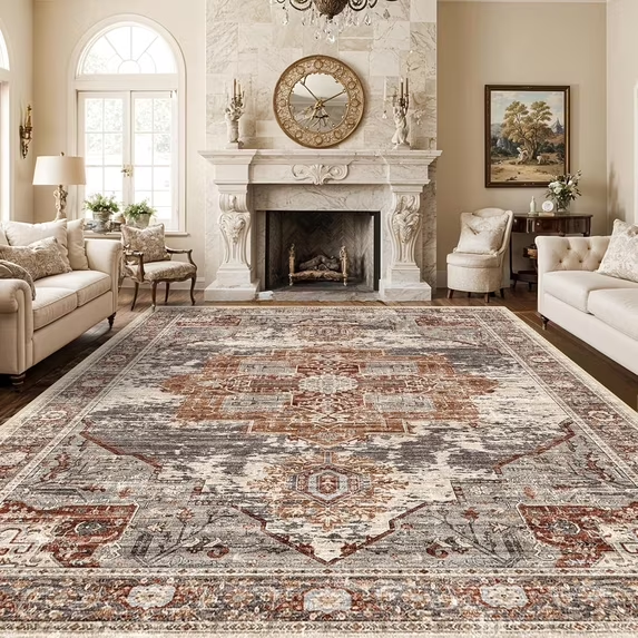 YOUFORTONG 12x12 Washable Area Rug,Extra Large Vintage Indoor Carpet with Non Slip Backing,Stain Resistant Soft Rug for Bedroom Dining Room Living Room Home Decor,Beige