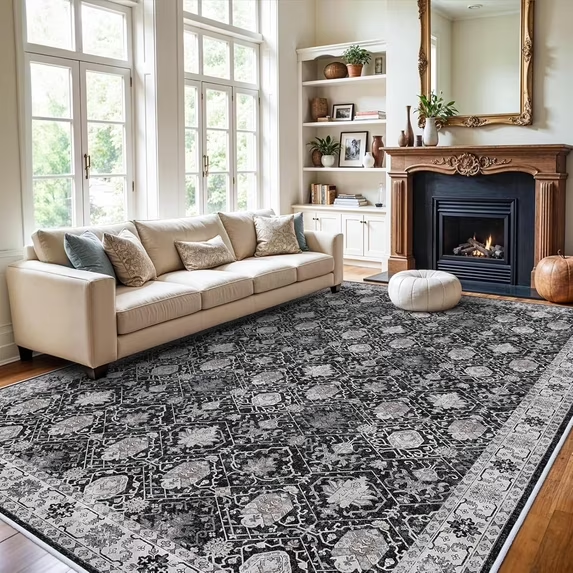 YOUFORTONG 4x6 Area Rug for Living Room, Vintage Farmhouse Washable Indoor Carpet, Non Slip Ultra Soft Low Pile Durable Neutral Rug for Bedroom Dining Room Nursery Kitchen,Beige