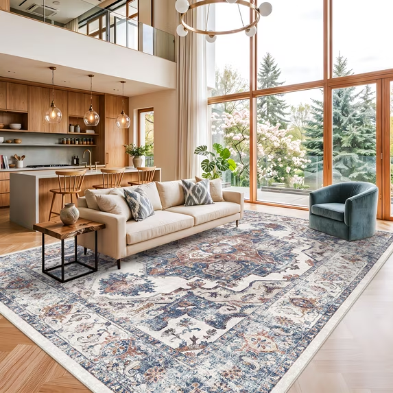 YOUFORTONG 4x6 Area Rug for Living Room, Vintage Farmhouse Washable Indoor Carpet, Non Slip Ultra Soft Low Pile Durable Neutral Rug for Bedroom Dining Room Nursery Kitchen,Beige