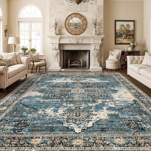 YOUFORTONG 12x12 Washable Area Rug,Extra Large Vintage Indoor Carpet with Non Slip Backing,Stain Resistant Soft Rug for Bedroom Dining Room Living Room Home Decor,Beige