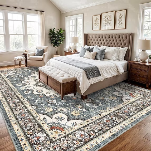 YOUFORTONG 5x7 Washable Vintage Boho Area Rug,Stain Resistant Non-Slip Soft Floral Carpet for Living Room Bedroom Farmhouse Office, Beige