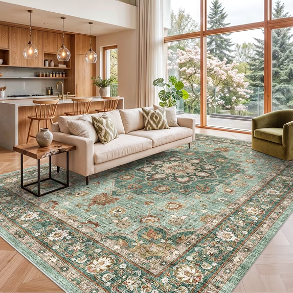 YOUFORTONG 5x7 Washable Vintage Boho Area Rug,Stain Resistant Non-Slip Soft Floral Carpet for Living Room Bedroom Farmhouse Office, Beige