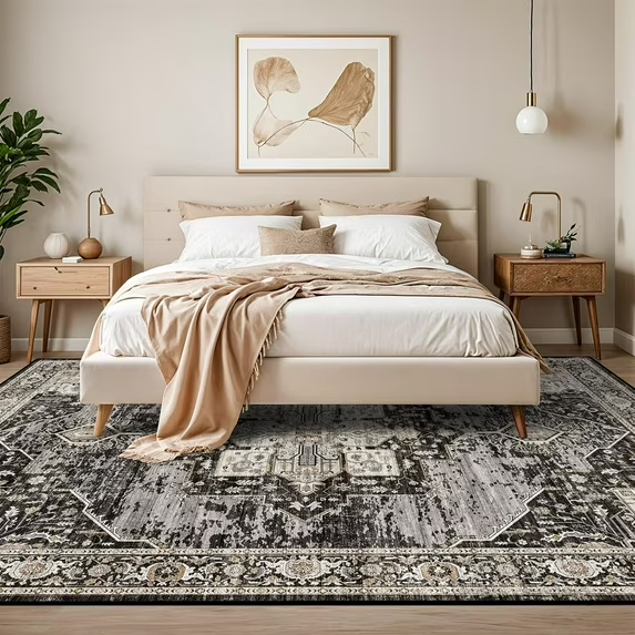 YOUFORTONG 12x12 Washable Area Rug,Extra Large Vintage Indoor Carpet with Non Slip Backing,Stain Resistant Soft Rug for Bedroom Dining Room Living Room Home Decor,Beige
