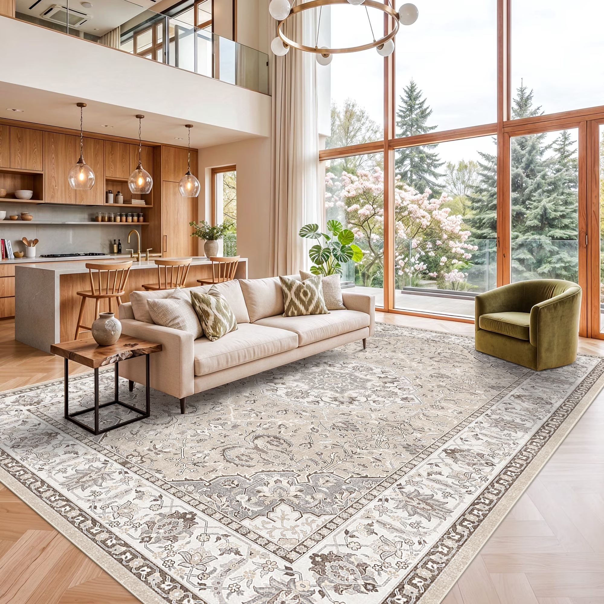 YOUFORTONG 4x6 Area Rug for Living Room, Vintage Farmhouse Washable Indoor Carpet, Non Slip Ultra Soft Low Pile Durable Neutral Rug for Bedroom Dining Room Nursery Kitchen,Beige