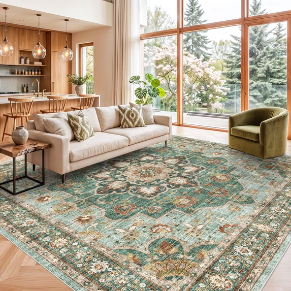 YOUFORTONG 5x7 Washable Vintage Boho Area Rug,Stain Resistant Non-Slip Soft Floral Carpet for Living Room Bedroom Farmhouse Office, Beige