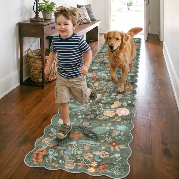 YOUFORTONG 2x6 Washable Runner Rug, Non Slip Floral Vintage Scalloped Low Pile Carpet, Stain Resistant Soft Thin Rug for Entryway Kitchen Laundry Bedroom Bathroom,Beige