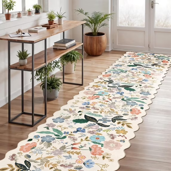 YOUFORTONG 2x6 Washable Runner Rug, Non Slip Floral Vintage Scalloped Low Pile Carpet, Stain Resistant Soft Thin Rug for Entryway Kitchen Laundry Bedroom Bathroom,Beige
