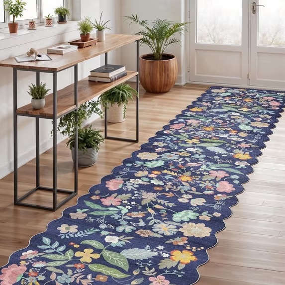YOUFORTONG 2x6 Washable Runner Rug, Non Slip Floral Vintage Scalloped Low Pile Carpet, Stain Resistant Soft Thin Rug for Entryway Kitchen Laundry Bedroom Bathroom,Beige