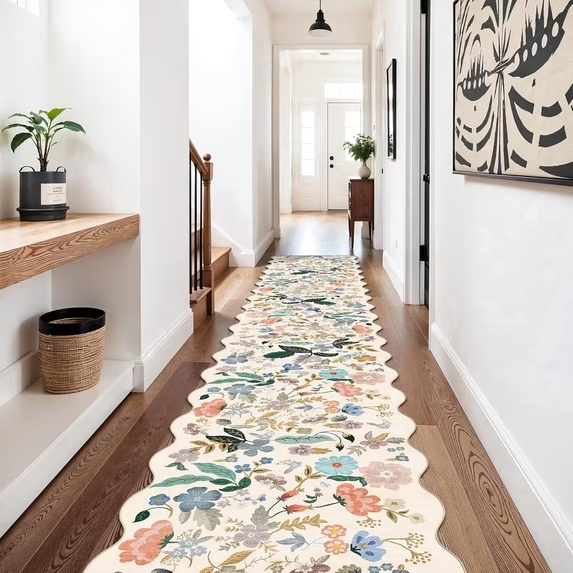 YOUFORTONG 2x6 Washable Runner Rug, Non Slip Floral Vintage Scalloped Low Pile Carpet, Stain Resistant Soft Thin Rug for Entryway Kitchen Laundry Bedroom Bathroom,Beige