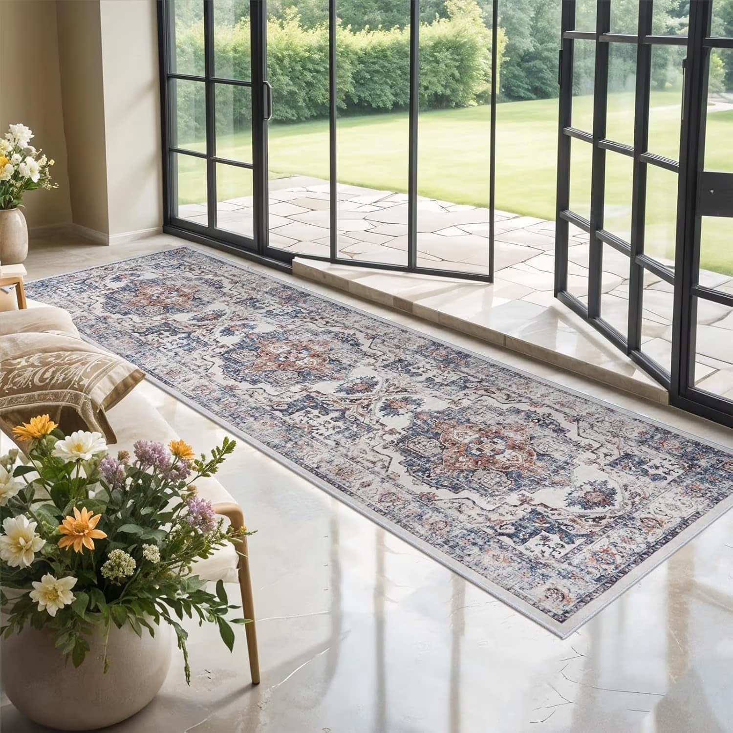 YOUFORTONG 4x6 Area Rug for Living Room, Vintage Farmhouse Washable Indoor Carpet, Non Slip Ultra Soft Low Pile Durable Neutral Rug for Bedroom Dining Room Nursery Kitchen,Beige
