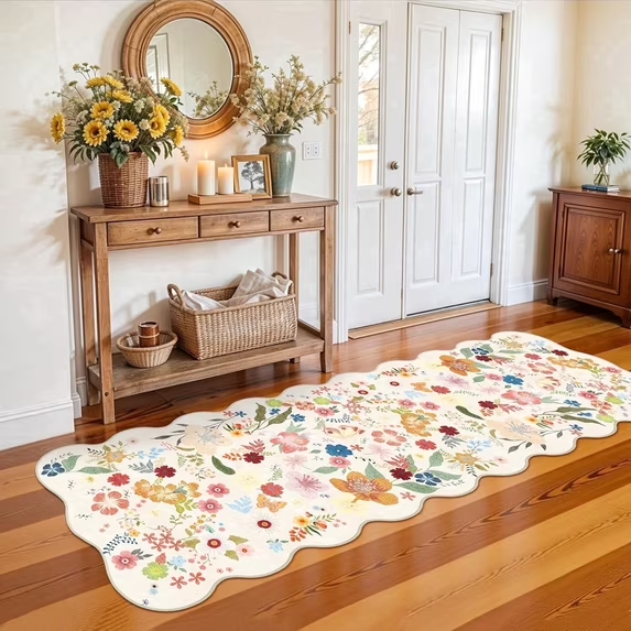 YOUFORTONG 2x6 Washable Runner Rug, Non Slip Floral Vintage Scalloped Low Pile Carpet, Stain Resistant Soft Thin Rug for Entryway Kitchen Laundry Bedroom Bathroom,Beige