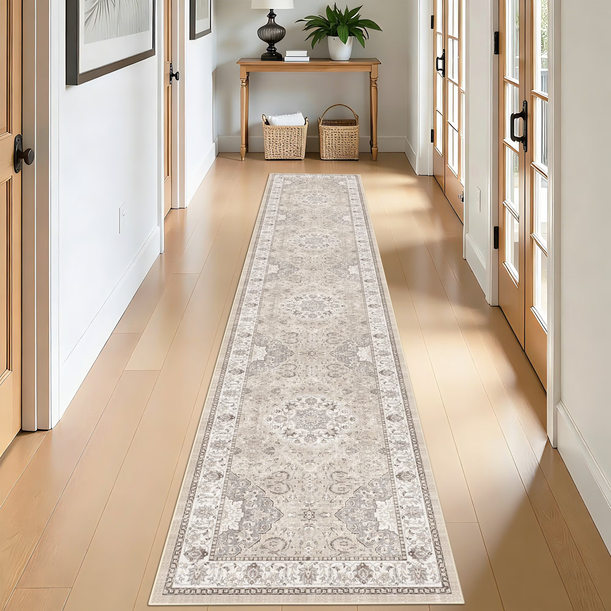 YOUFORTONG 4x6 Area Rug for Living Room, Vintage Farmhouse Washable Indoor Carpet, Non Slip Ultra Soft Low Pile Durable Neutral Rug for Bedroom Dining Room Nursery Kitchen,Beige