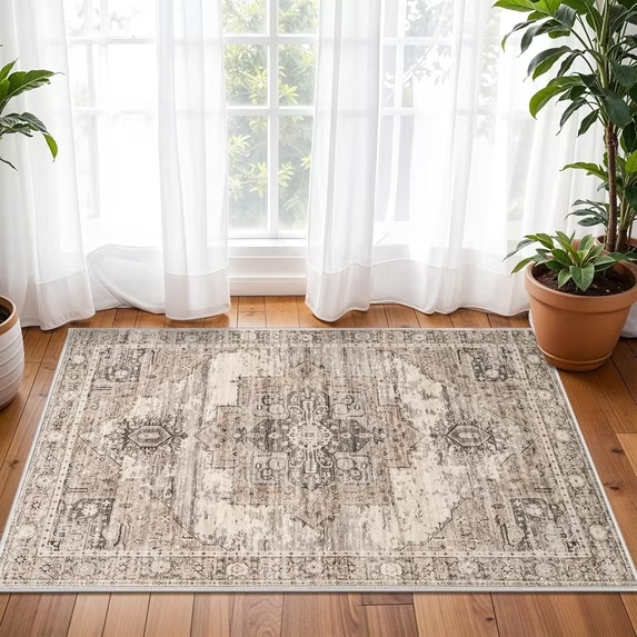 YOUFORTONG 12x12 Washable Area Rug,Extra Large Vintage Indoor Carpet with Non Slip Backing,Stain Resistant Soft Rug for Bedroom Dining Room Living Room Home Decor,Beige