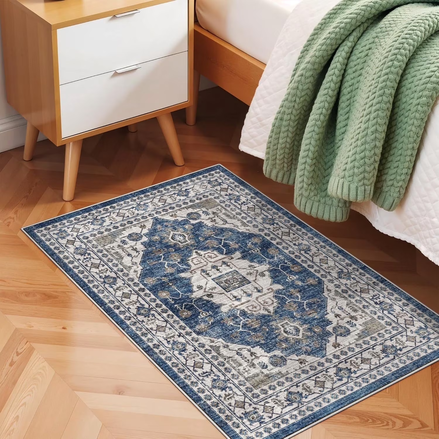 YOUFORTONG 4x6 Area Rug for Living Room, Vintage Farmhouse Washable Indoor Carpet, Non Slip Ultra Soft Low Pile Durable Neutral Rug for Bedroom Dining Room Nursery Kitchen,Beige
