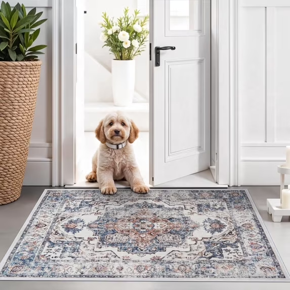 YOUFORTONG 4x6 Area Rug for Living Room, Vintage Farmhouse Washable Indoor Carpet, Non Slip Ultra Soft Low Pile Durable Neutral Rug for Bedroom Dining Room Nursery Kitchen,Beige