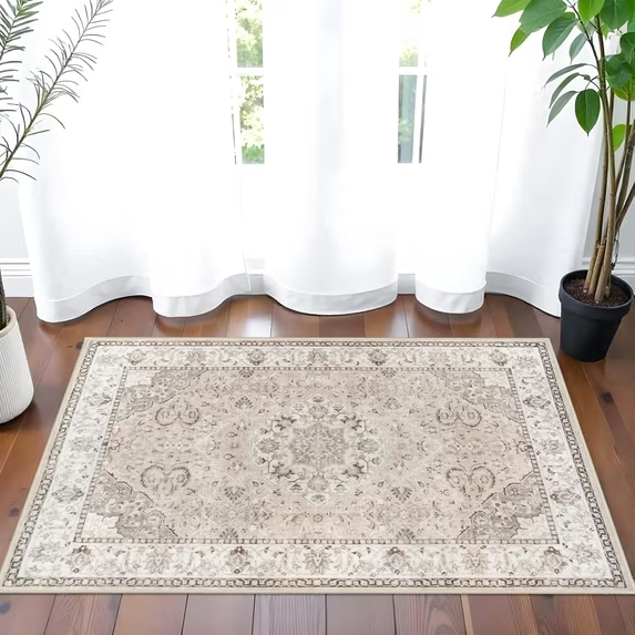 YOUFORTONG 4x6 Area Rug for Living Room, Vintage Farmhouse Washable Indoor Carpet, Non Slip Ultra Soft Low Pile Durable Neutral Rug for Bedroom Dining Room Nursery Kitchen,Beige