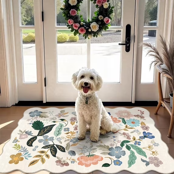 YOUFORTONG 2x6 Washable Runner Rug, Non Slip Floral Vintage Scalloped Low Pile Carpet, Stain Resistant Soft Thin Rug for Entryway Kitchen Laundry Bedroom Bathroom,Beige