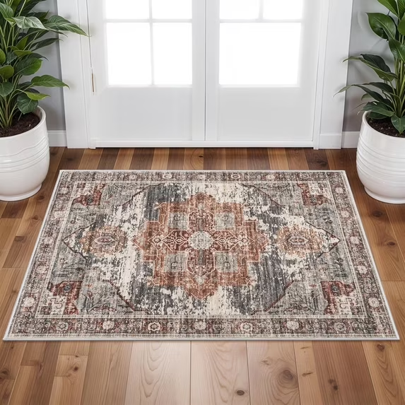 YOUFORTONG 12x12 Washable Area Rug,Extra Large Vintage Indoor Carpet with Non Slip Backing,Stain Resistant Soft Rug for Bedroom Dining Room Living Room Home Decor,Beige