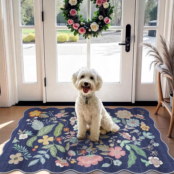 YOUFORTONG 2x6 Washable Runner Rug, Non Slip Floral Vintage Scalloped Low Pile Carpet, Stain Resistant Soft Thin Rug for Entryway Kitchen Laundry Bedroom Bathroom,Beige