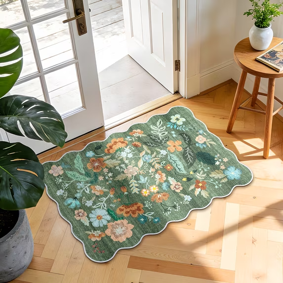 YOUFORTONG 2x6 Washable Runner Rug, Non Slip Floral Vintage Scalloped Low Pile Carpet, Stain Resistant Soft Thin Rug for Entryway Kitchen Laundry Bedroom Bathroom,Beige