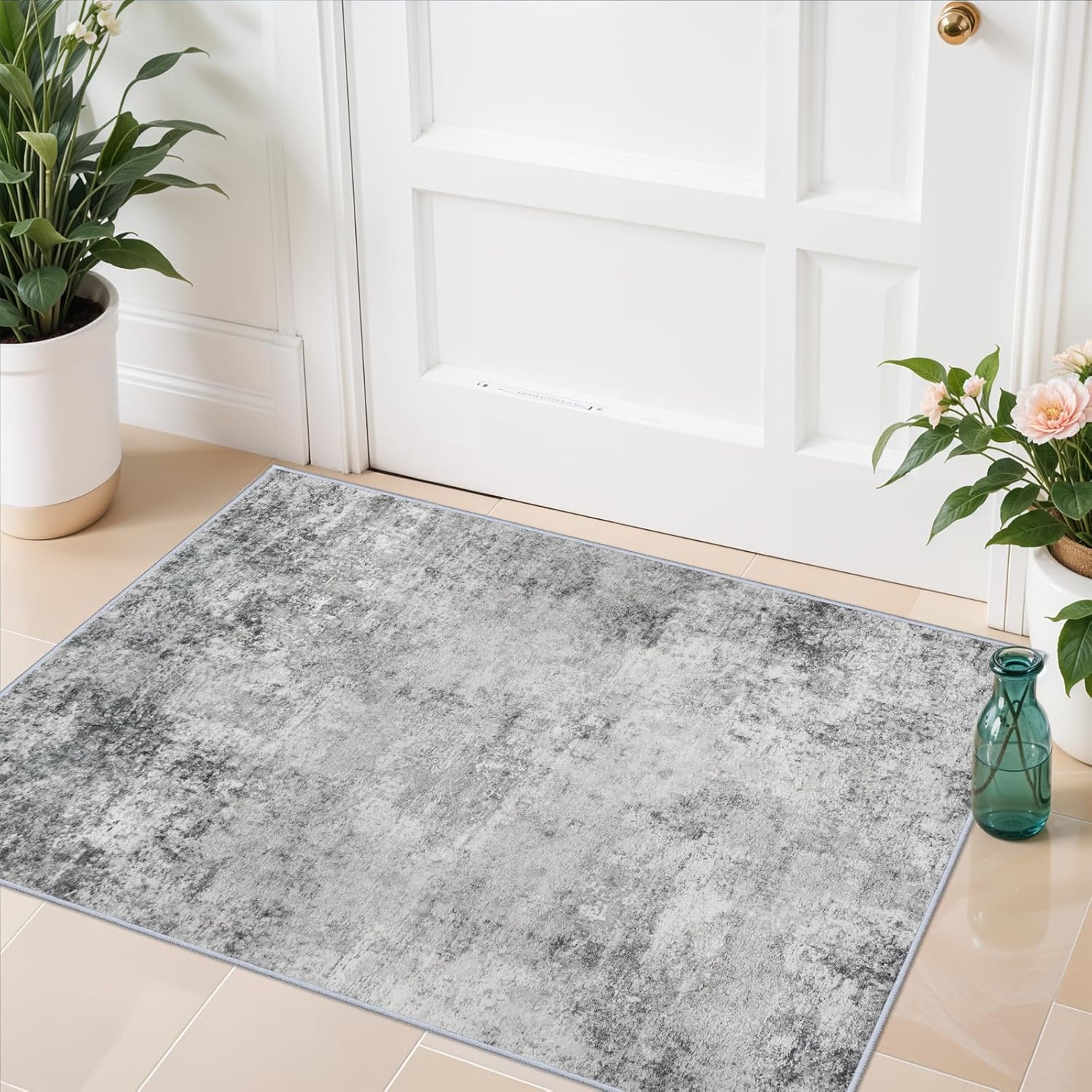YOUFORTONG 2x3 Abstract Area Rug, Machine Washable Non-Slip Indoor Rug, Rubber Backing Stain Resistant Distressed Carpet for Entryway Bedroom Kitchen Living Room,Brown ﻿
