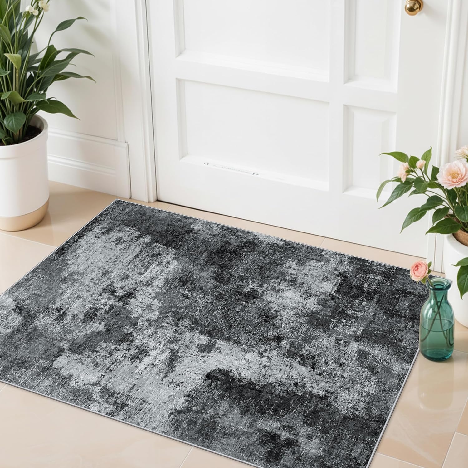 YOUFORTONG 2x3 Abstract Area Rug, Machine Washable Non-Slip Indoor Rug, Rubber Backing Stain Resistant Distressed Carpet for Entryway Bedroom Kitchen Living Room,Brown ﻿