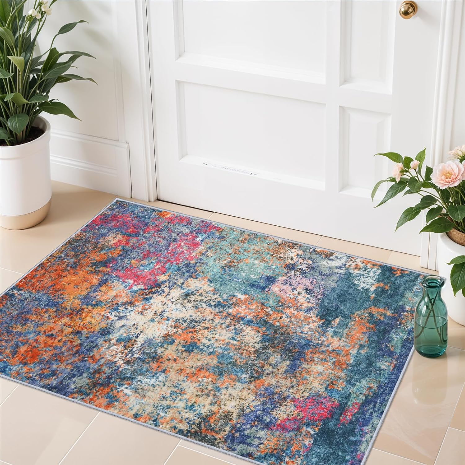 YOUFORTONG 2x3 Abstract Area Rug, Machine Washable Non-Slip Indoor Rug, Rubber Backing Stain Resistant Distressed Carpet for Entryway Bedroom Kitchen Living Room,Brown ﻿