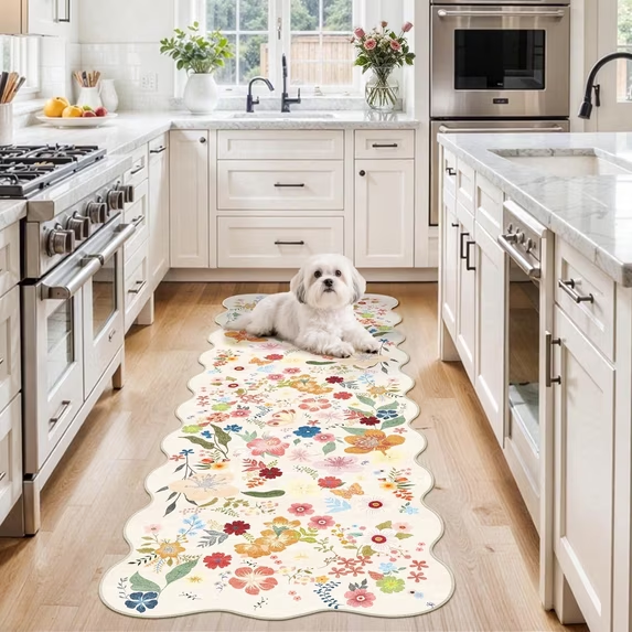 YOUFORTONG 2x6 Washable Runner Rug, Non Slip Floral Vintage Scalloped Low Pile Carpet, Stain Resistant Soft Thin Rug for Entryway Kitchen Laundry Bedroom Bathroom,Beige