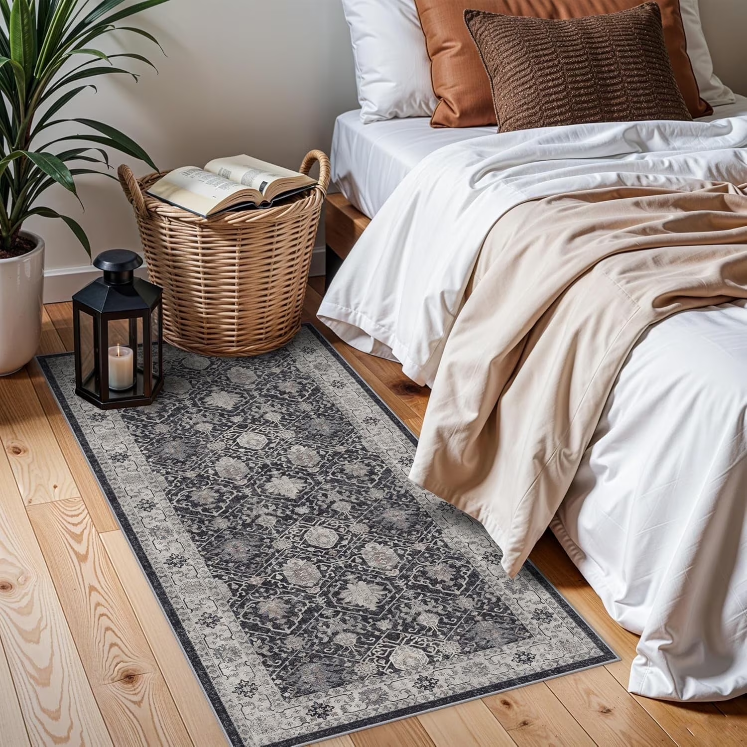 YOUFORTONG 4x6 Area Rug for Living Room, Vintage Farmhouse Washable Indoor Carpet, Non Slip Ultra Soft Low Pile Durable Neutral Rug for Bedroom Dining Room Nursery Kitchen,Beige
