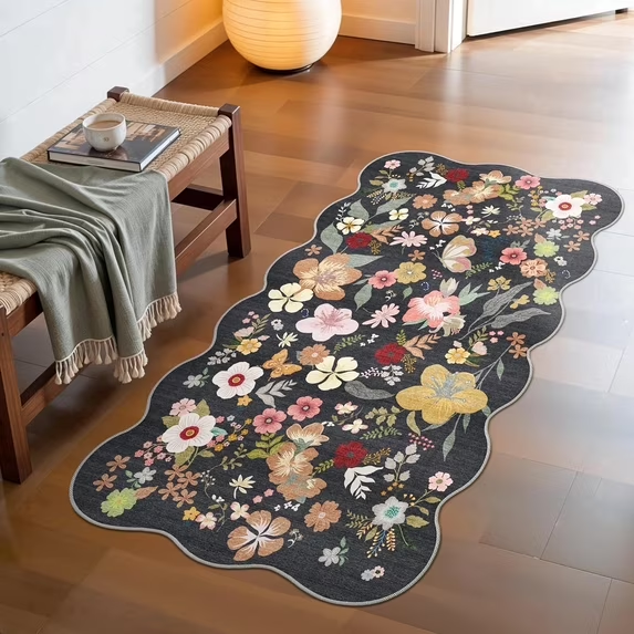 YOUFORTONG 2x6 Washable Runner Rug, Non Slip Floral Vintage Scalloped Low Pile Carpet, Stain Resistant Soft Thin Rug for Entryway Kitchen Laundry Bedroom Bathroom,Beige