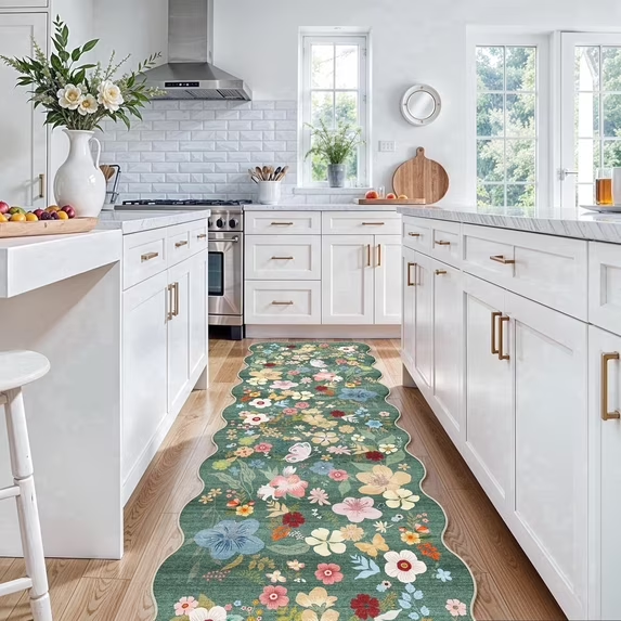 YOUFORTONG 2x6 Washable Runner Rug, Non Slip Floral Vintage Scalloped Low Pile Carpet, Stain Resistant Soft Thin Rug for Entryway Kitchen Laundry Bedroom Bathroom,Beige
