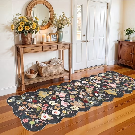 YOUFORTONG 2x6 Washable Runner Rug, Non Slip Floral Vintage Scalloped Low Pile Carpet, Stain Resistant Soft Thin Rug for Entryway Kitchen Laundry Bedroom Bathroom,Beige