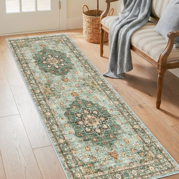 YOUFORTONG 5x7 Washable Vintage Boho Area Rug,Stain Resistant Non-Slip Soft Floral Carpet for Living Room Bedroom Farmhouse Office, Beige