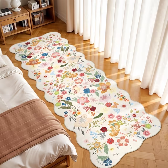 YOUFORTONG 2x6 Washable Runner Rug, Non Slip Floral Vintage Scalloped Low Pile Carpet, Stain Resistant Soft Thin Rug for Entryway Kitchen Laundry Bedroom Bathroom,Beige