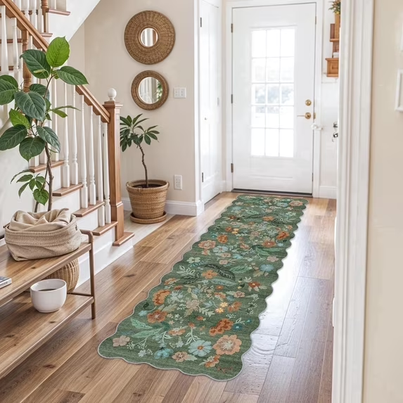 YOUFORTONG 2x6 Washable Runner Rug, Non Slip Floral Vintage Scalloped Low Pile Carpet, Stain Resistant Soft Thin Rug for Entryway Kitchen Laundry Bedroom Bathroom,Beige