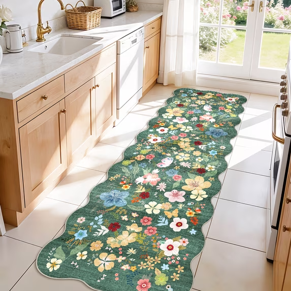 YOUFORTONG 2x6 Washable Runner Rug, Non Slip Floral Vintage Scalloped Low Pile Carpet, Stain Resistant Soft Thin Rug for Entryway Kitchen Laundry Bedroom Bathroom,Beige