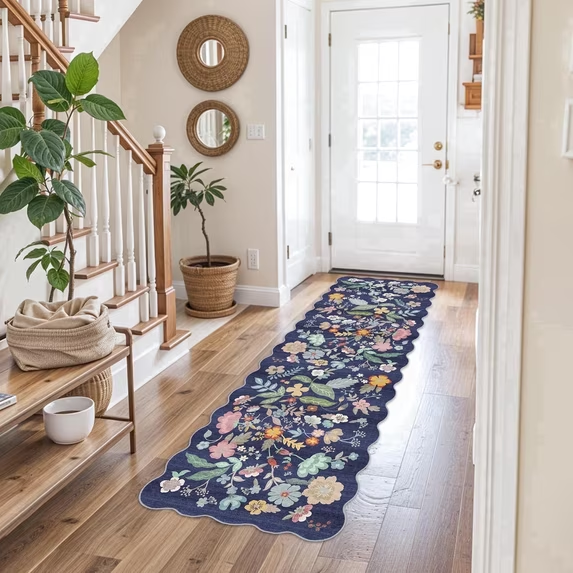 YOUFORTONG 2x6 Washable Runner Rug, Non Slip Floral Vintage Scalloped Low Pile Carpet, Stain Resistant Soft Thin Rug for Entryway Kitchen Laundry Bedroom Bathroom,Beige