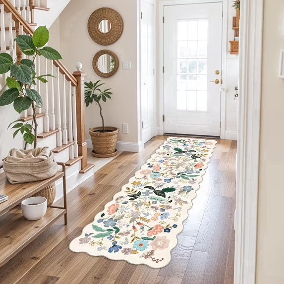 YOUFORTONG 2x6 Washable Runner Rug, Non Slip Floral Vintage Scalloped Low Pile Carpet, Stain Resistant Soft Thin Rug for Entryway Kitchen Laundry Bedroom Bathroom,Beige