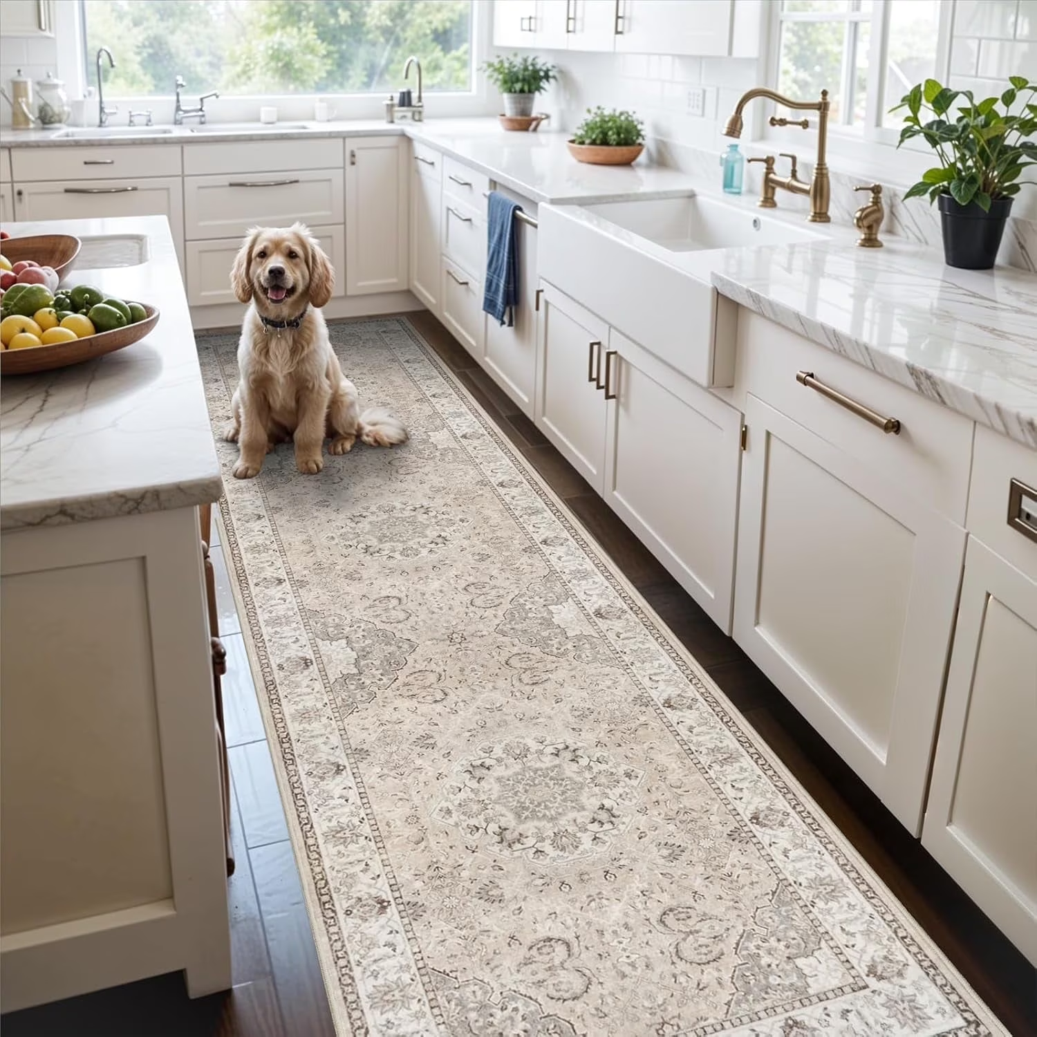 YOUFORTONG 4x6 Area Rug for Living Room, Vintage Farmhouse Washable Indoor Carpet, Non Slip Ultra Soft Low Pile Durable Neutral Rug for Bedroom Dining Room Nursery Kitchen,Beige