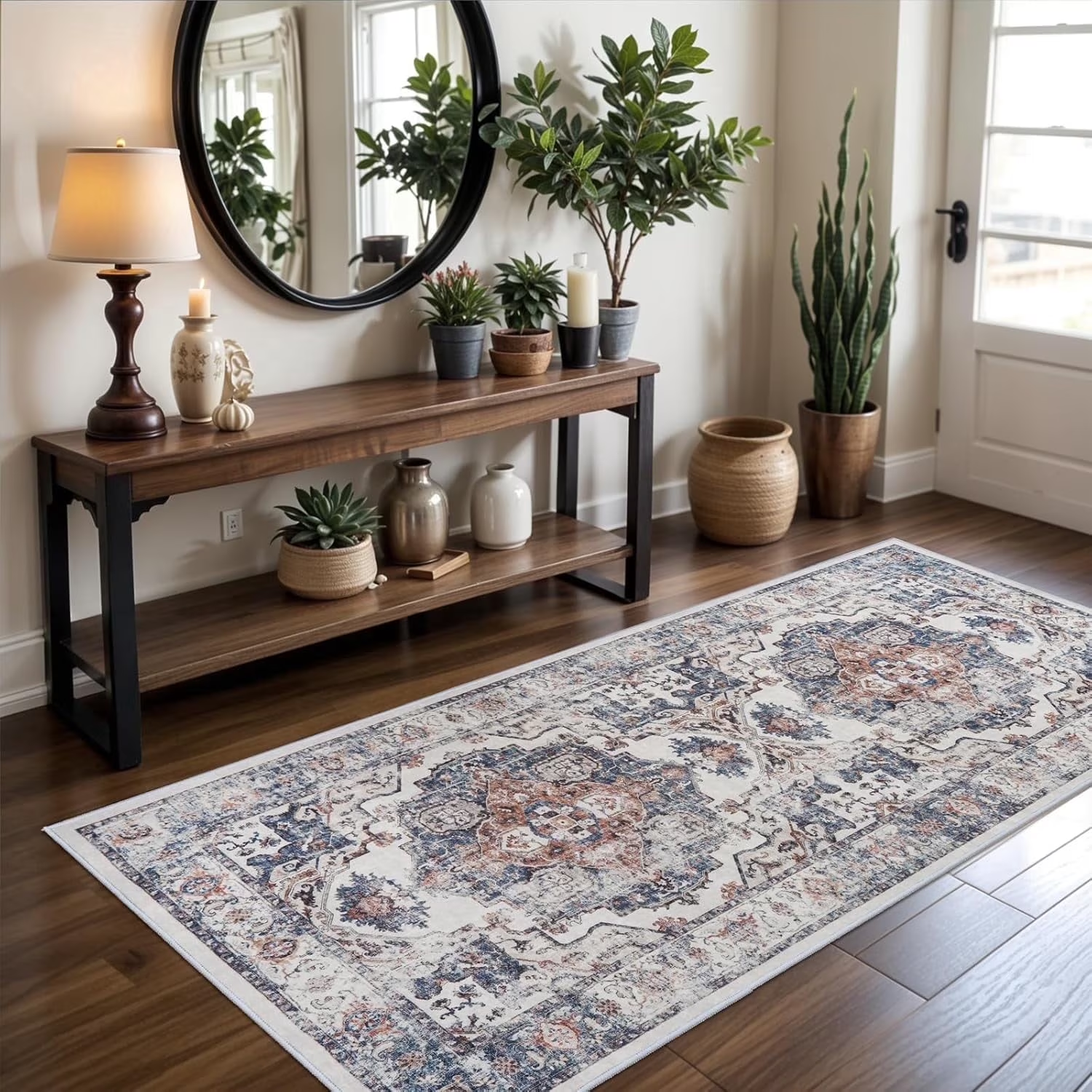 YOUFORTONG 4x6 Area Rug for Living Room, Vintage Farmhouse Washable Indoor Carpet, Non Slip Ultra Soft Low Pile Durable Neutral Rug for Bedroom Dining Room Nursery Kitchen,Beige