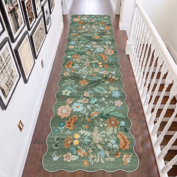 YOUFORTONG 2x6 Washable Runner Rug, Non Slip Floral Vintage Scalloped Low Pile Carpet, Stain Resistant Soft Thin Rug for Entryway Kitchen Laundry Bedroom Bathroom,Beige