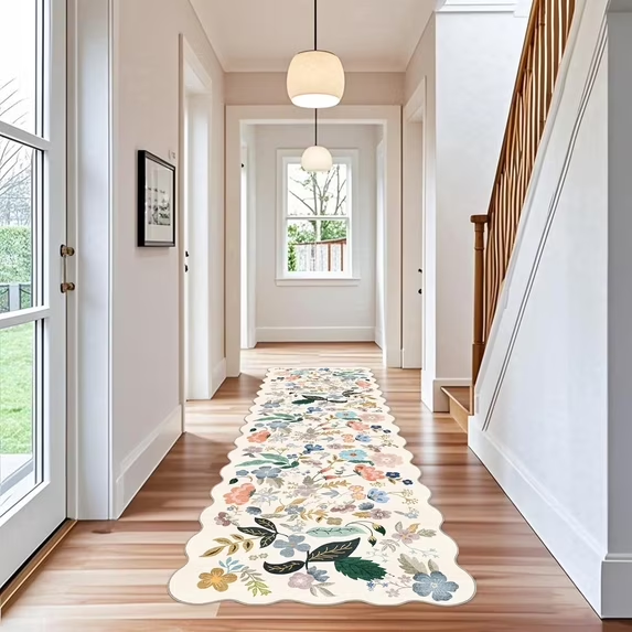 YOUFORTONG 2x6 Washable Runner Rug, Non Slip Floral Vintage Scalloped Low Pile Carpet, Stain Resistant Soft Thin Rug for Entryway Kitchen Laundry Bedroom Bathroom,Beige