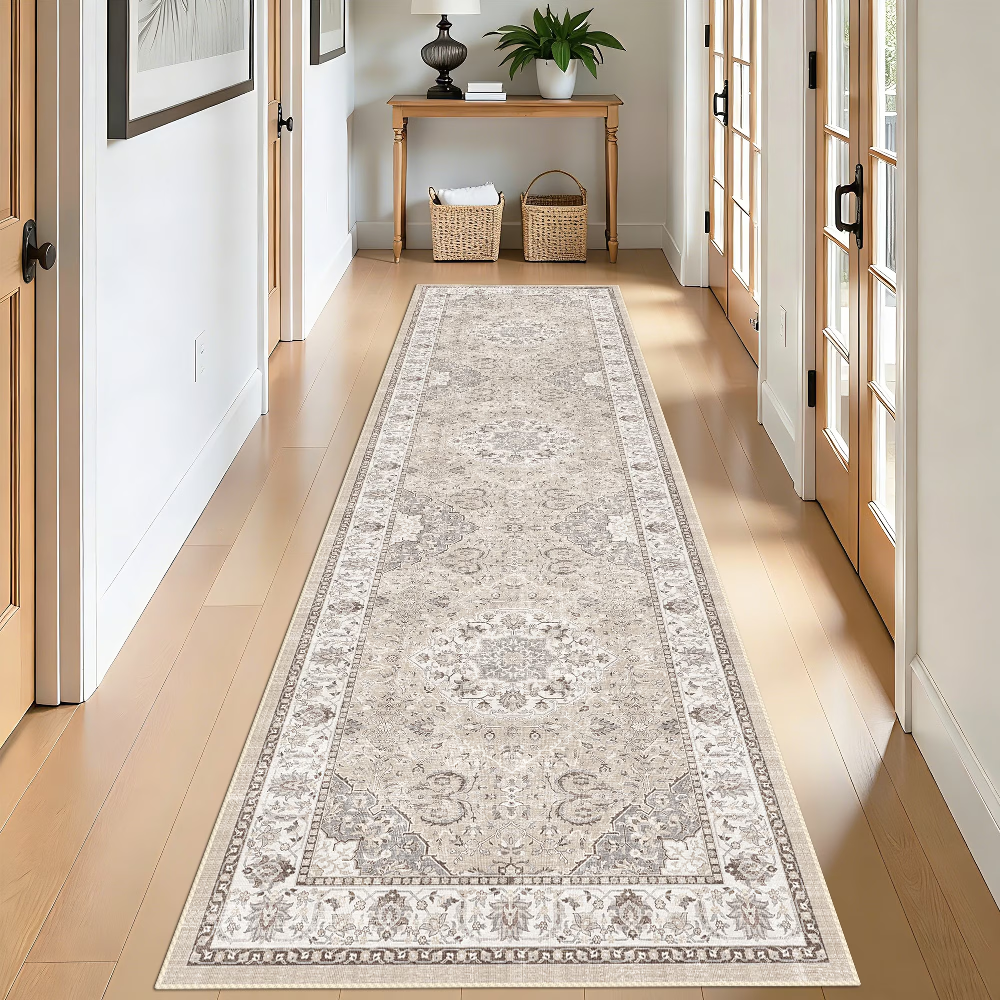 YOUFORTONG 4x6 Area Rug for Living Room, Vintage Farmhouse Washable Indoor Carpet, Non Slip Ultra Soft Low Pile Durable Neutral Rug for Bedroom Dining Room Nursery Kitchen,Beige