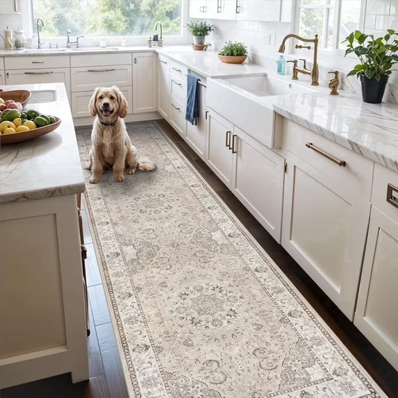 YOUFORTONG 4x6 Area Rug for Living Room, Vintage Farmhouse Washable Indoor Carpet, Non Slip Ultra Soft Low Pile Durable Neutral Rug for Bedroom Dining Room Nursery Kitchen,Beige
