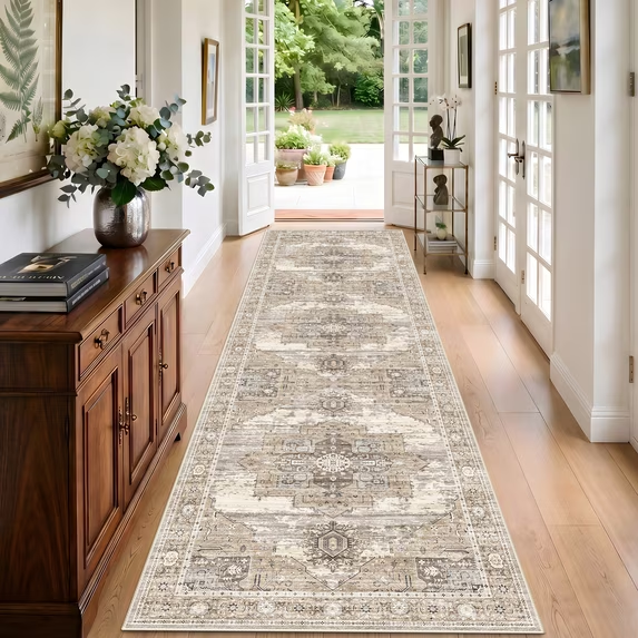 YOUFORTONG 12x12 Washable Area Rug,Extra Large Vintage Indoor Carpet with Non Slip Backing,Stain Resistant Soft Rug for Bedroom Dining Room Living Room Home Decor,Beige